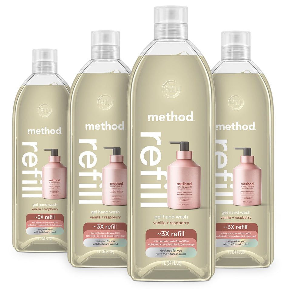 Method vanilla + raspberry front packaging showing four recyclable refill tubs and labels