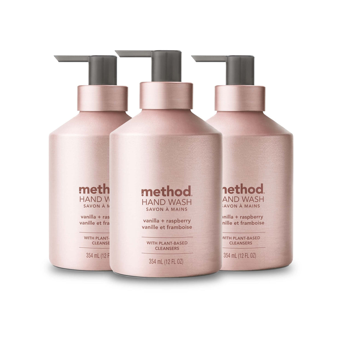 Method bottle front packaging showing pink aluminum and scent for stylish display