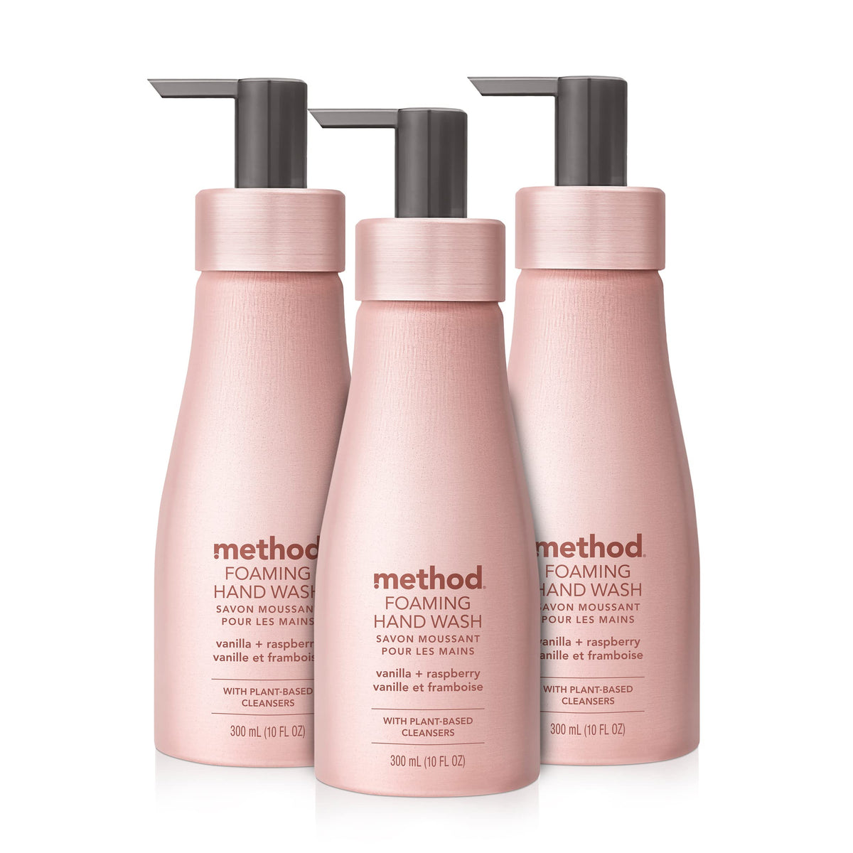 Method front view of pink vanilla raspberry bottle shows elegant design and refillable benefit