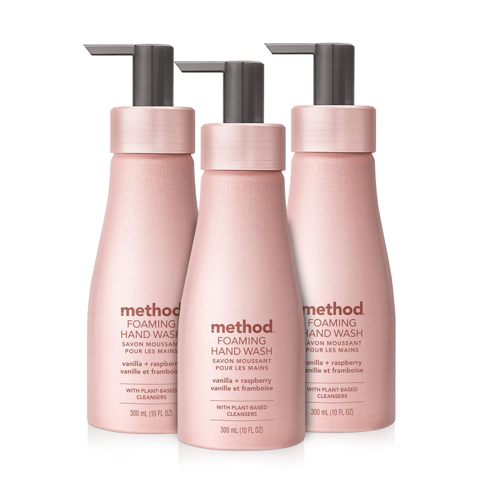 Method front view of pink vanilla raspberry bottle shows elegant design and refillable benefit