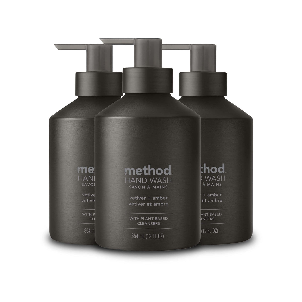 Method vetiver + amber front packaging showing sleek black reusable bottle and label