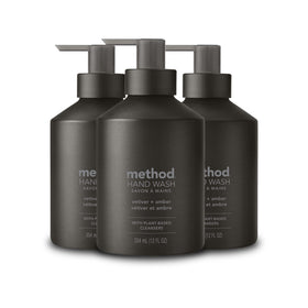 Method vetiver + amber front packaging showing sleek black reusable bottle and label