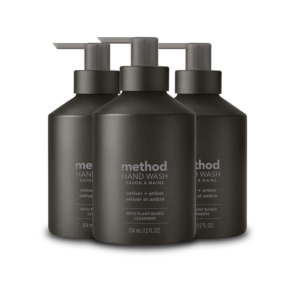 Method vetiver + amber front packaging showing sleek black reusable bottle and label