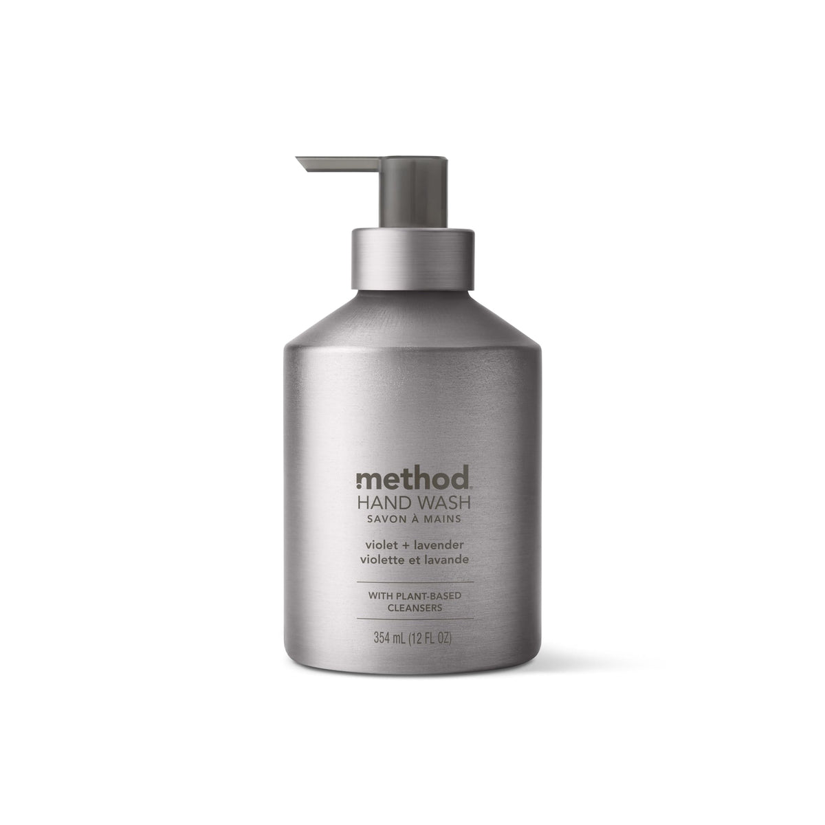Method aluminum bottle front view showing violet plus lavender scent and refill benefit