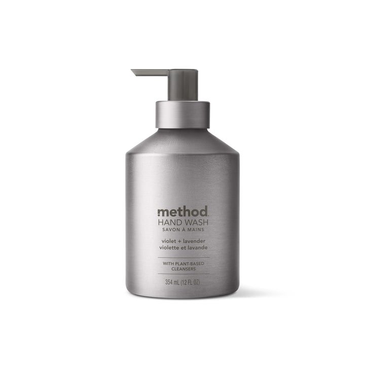 Method aluminum bottle front view showing violet plus lavender scent and refill benefit