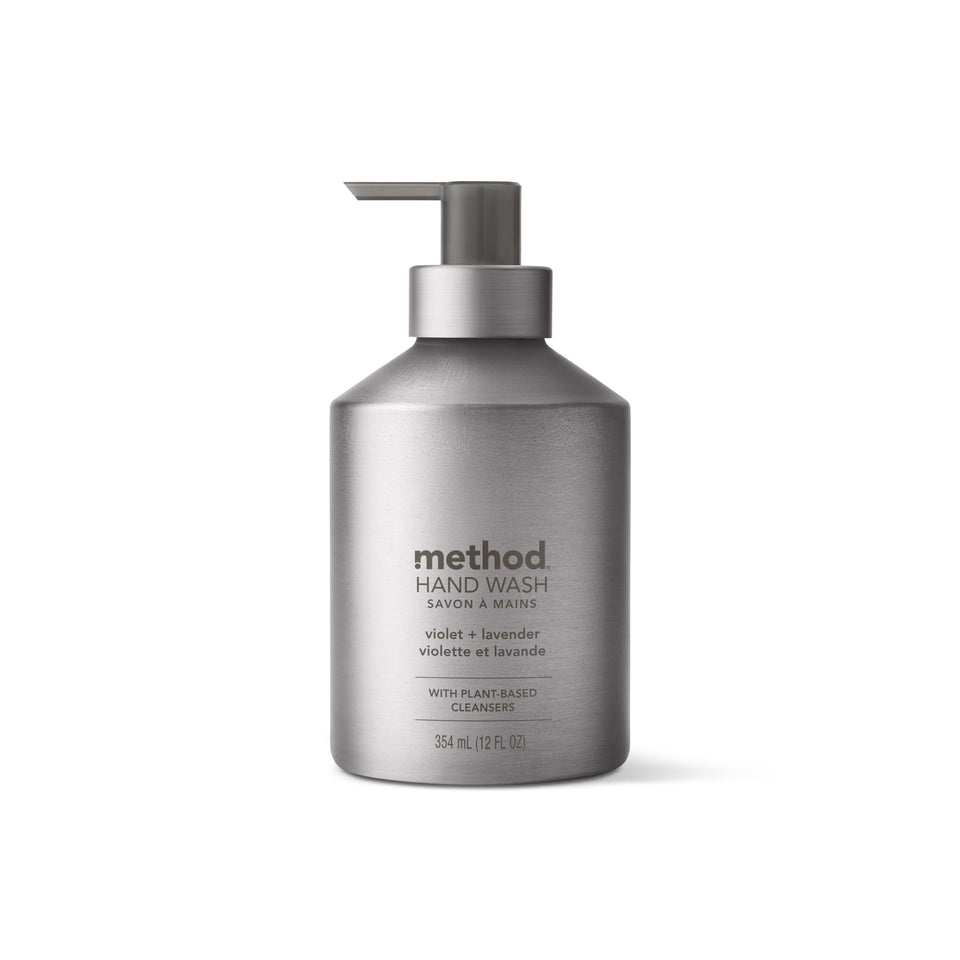 Method aluminum bottle front view showing violet plus lavender scent and refill benefit
