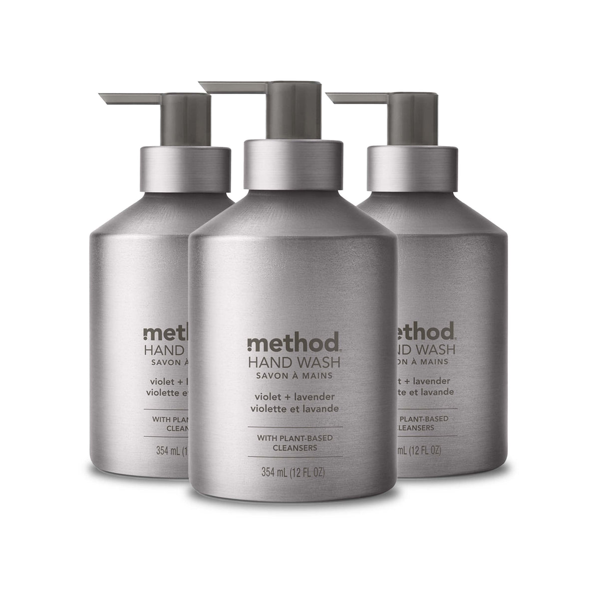 Method front packaging showing silver bottles and scent for stylish storage