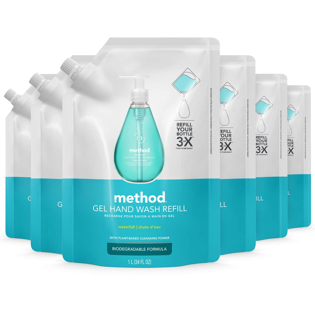 Method Waterfall front packaging showing 6 refill pouches and branding for eco benefit