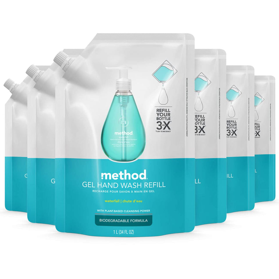 Method Waterfall front packaging showing 6 refill pouches and branding for eco benefit