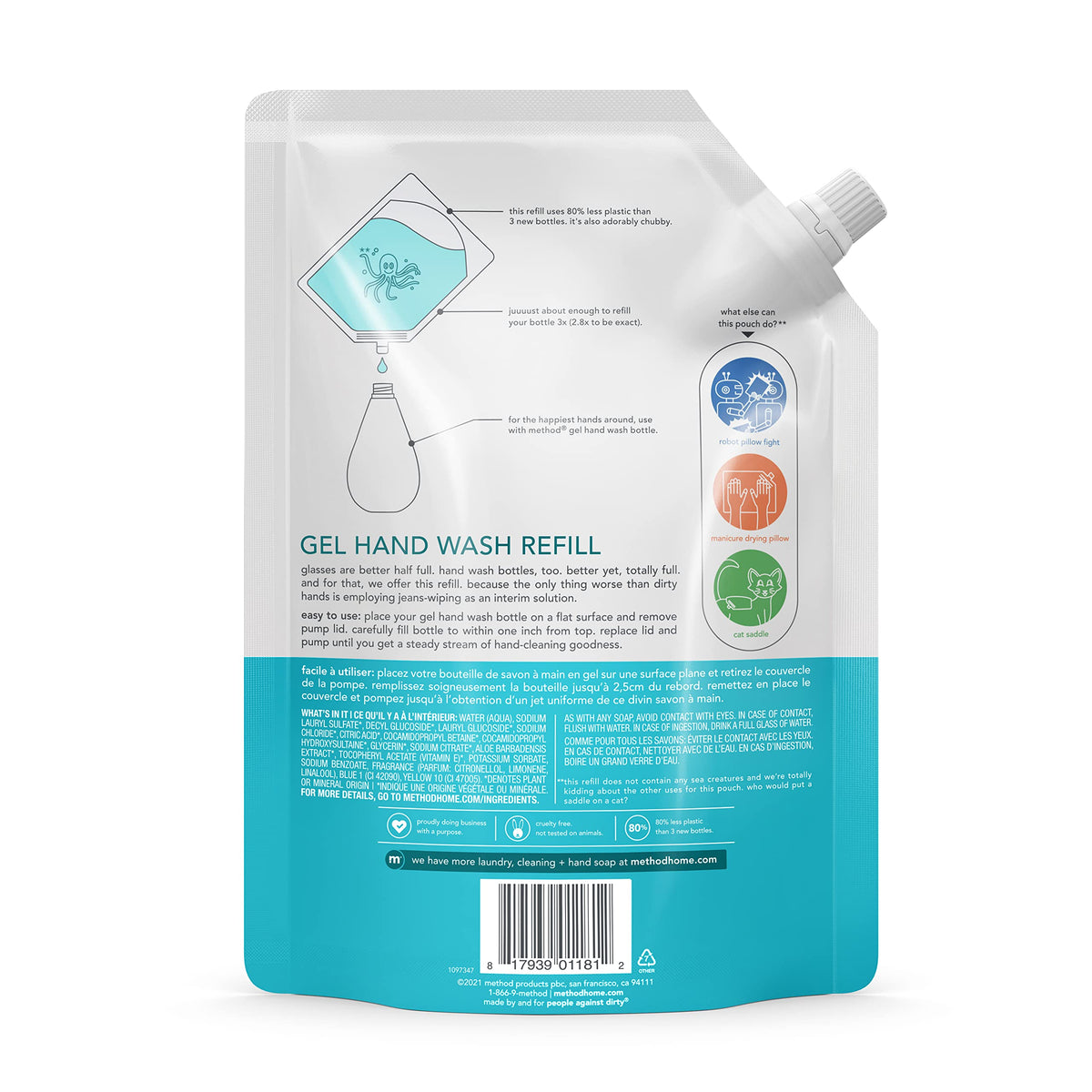 Method Waterfall close-up of pouch texture highlighting pour spout and easy refill advantage