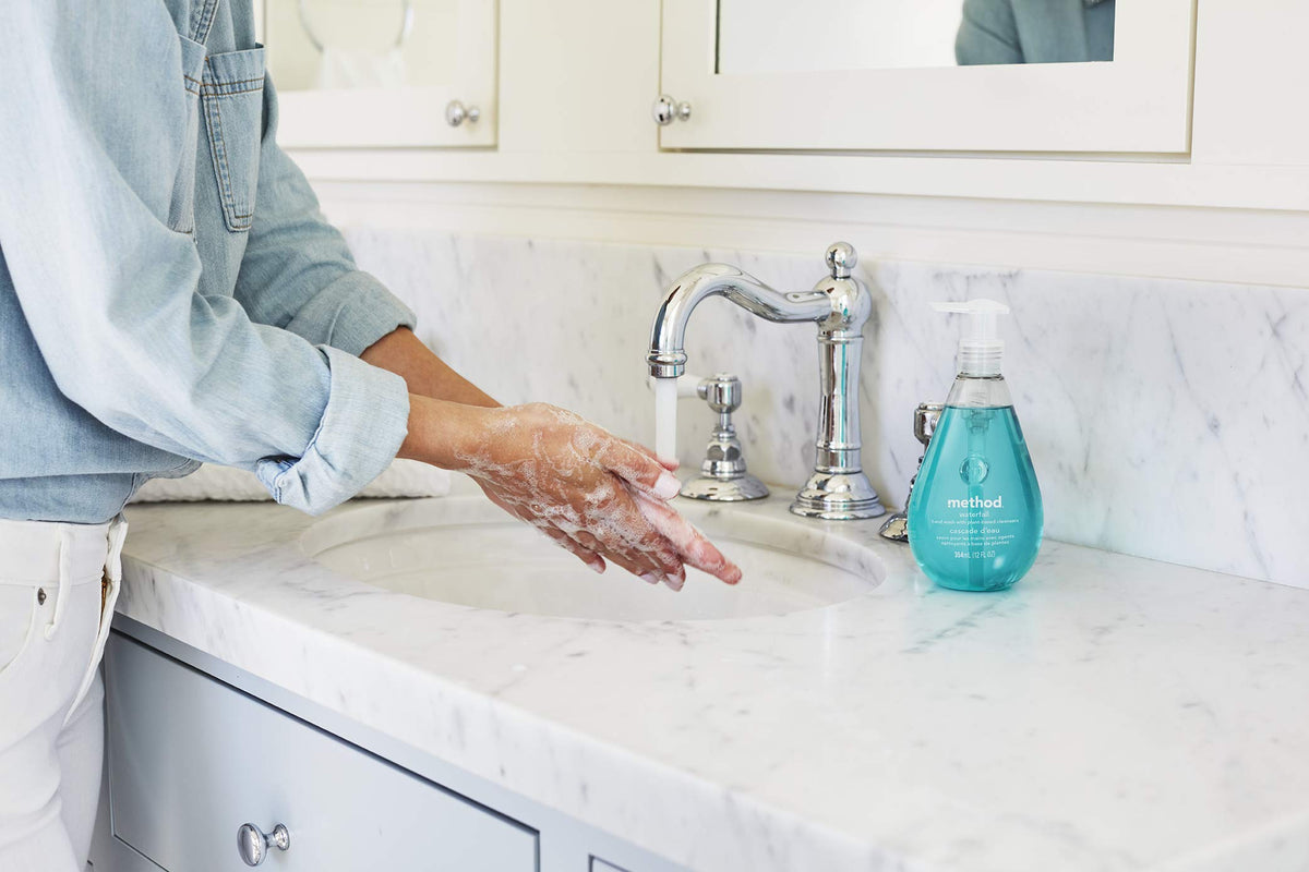 Method Waterfall pouch beside standard soap bottle showing size and refill capacity benefit