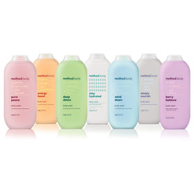 Method Wind Down bottle in shower setting showing relaxing bathroom use