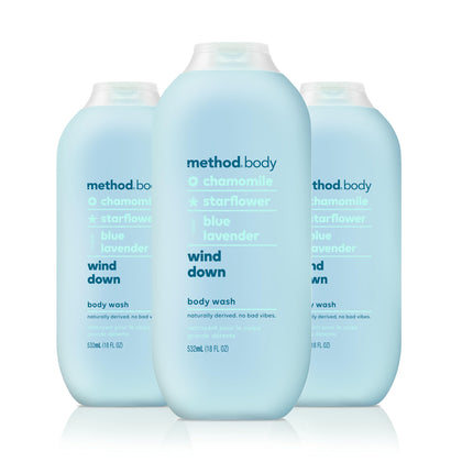 Method Wind Down front packaging three bottles shows calming label and size