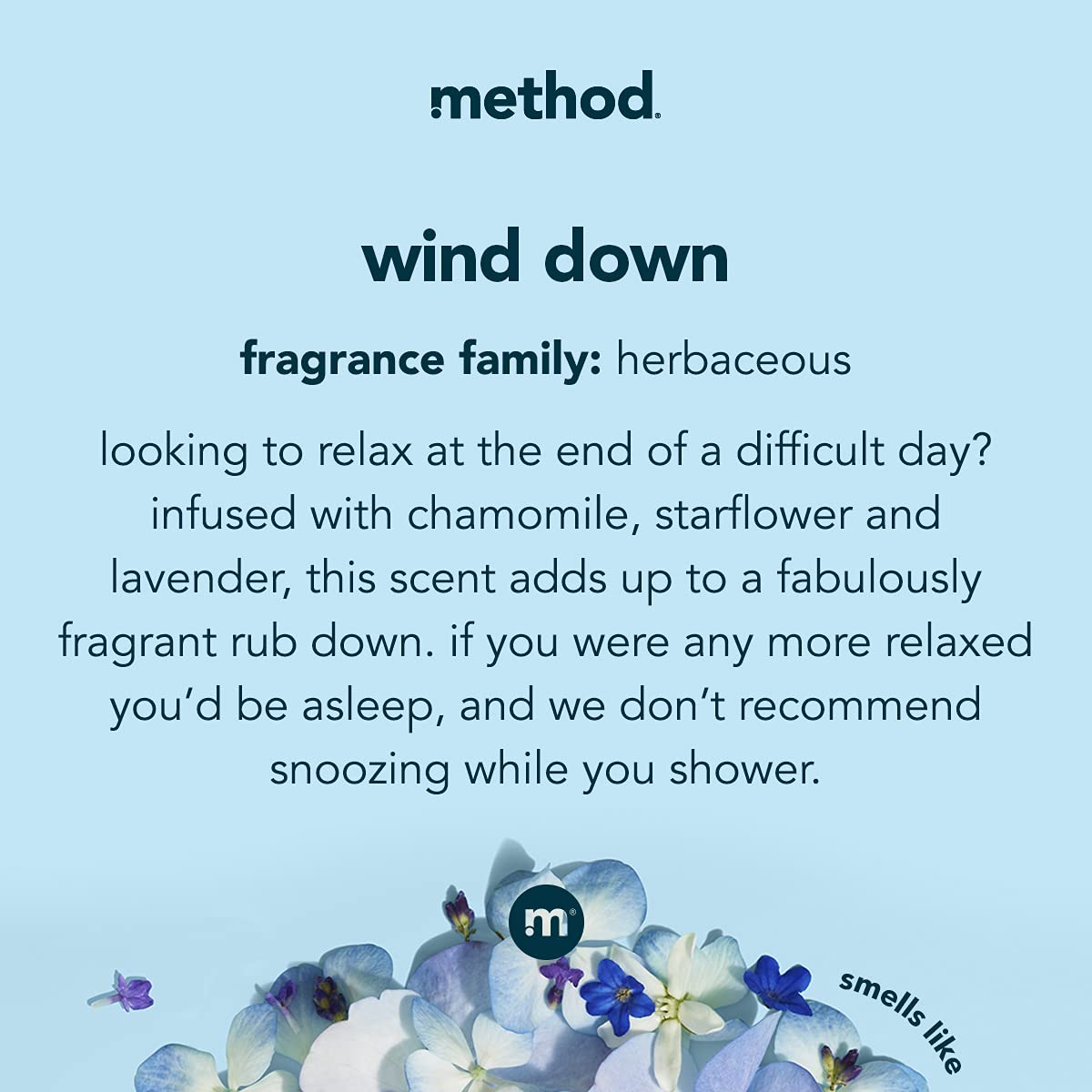 Method Wind Down pump and label close-up highlights scent and recyclable bottle