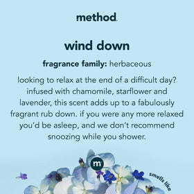 Method Wind Down pump and label close-up highlights scent and recyclable bottle