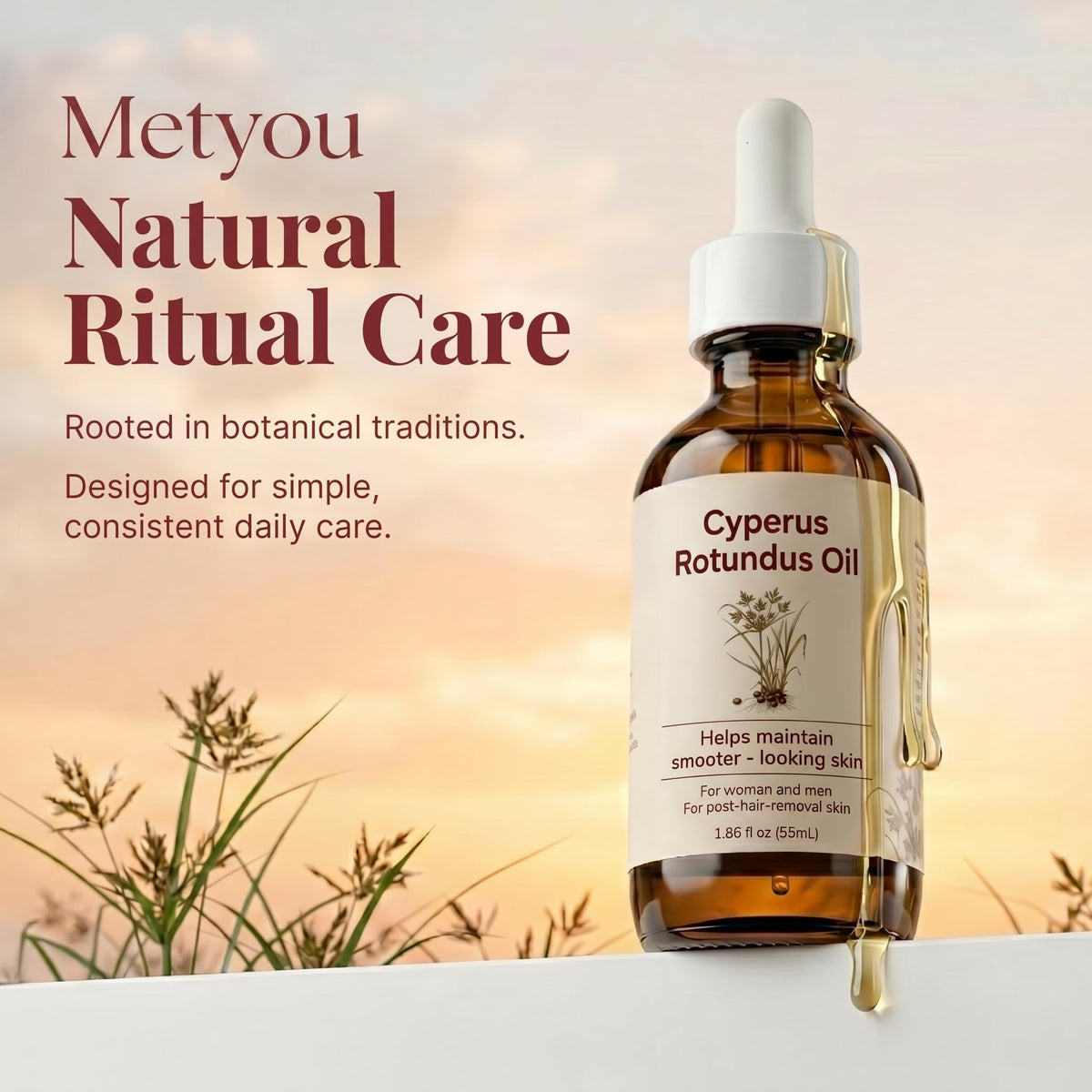 Metyou bottle on bathroom shelf lifestyle shot showing daily routine benefit