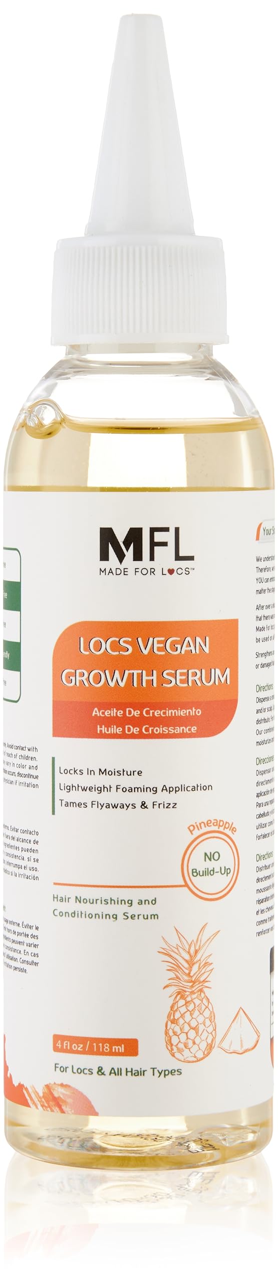 MFL MADE FOR LOCS front packaging showing 4 oz bottle and pineapple label, clear product benefits