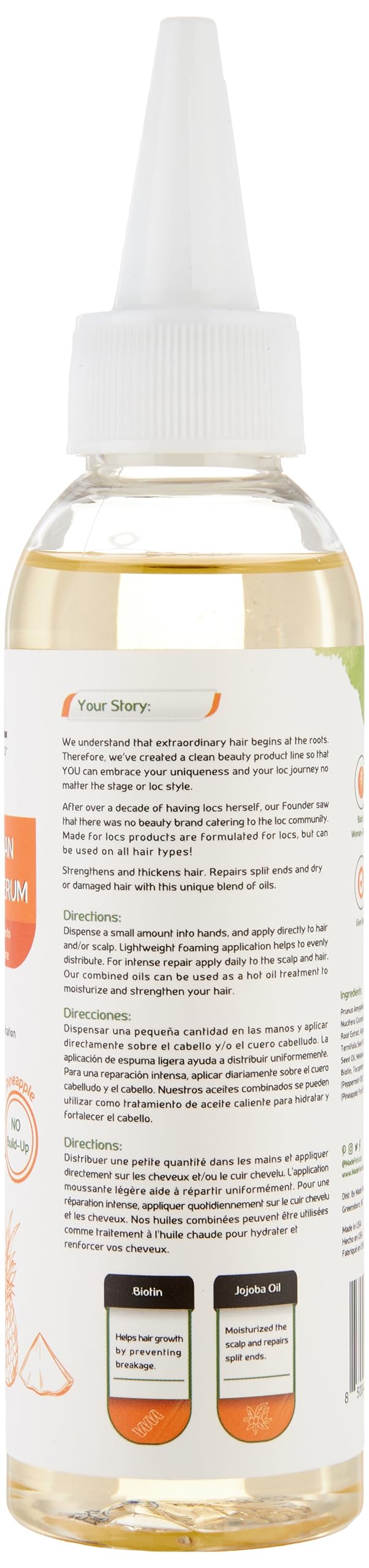 MFL MADE FOR LOCS close-up of serum texture on hand, lightweight feel for easy absorption