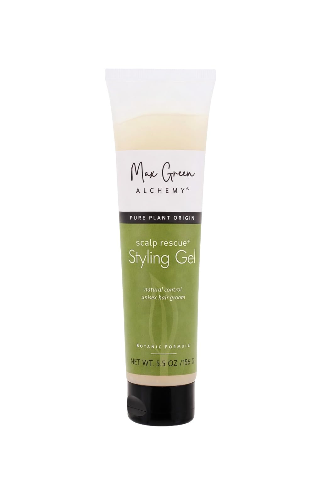 Max Green Alchemy bottle front view showing clean organic styling gel branding and benefit