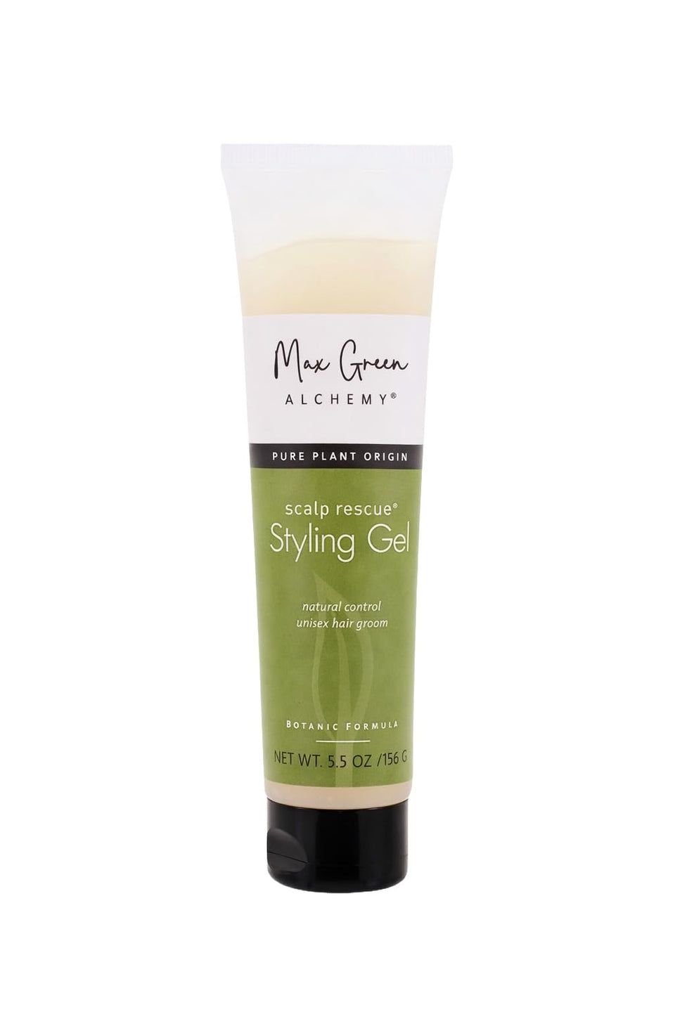 Max Green Alchemy bottle front view showing clean organic styling gel branding and benefit