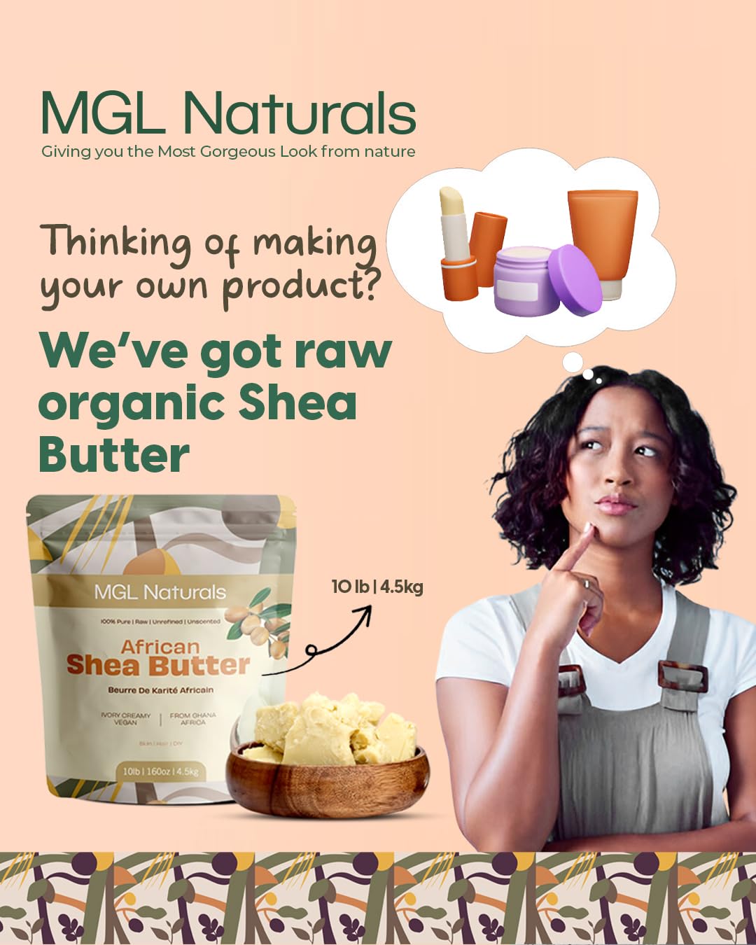MGL Naturals ingredient label Butyrospermum parkii highlighting pure composition
