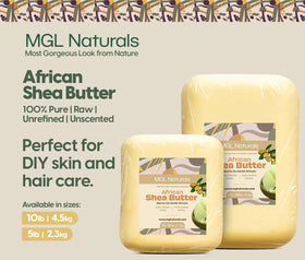 MGL Naturals scoop of raw shea butter close-up displaying unrefined purity benefit