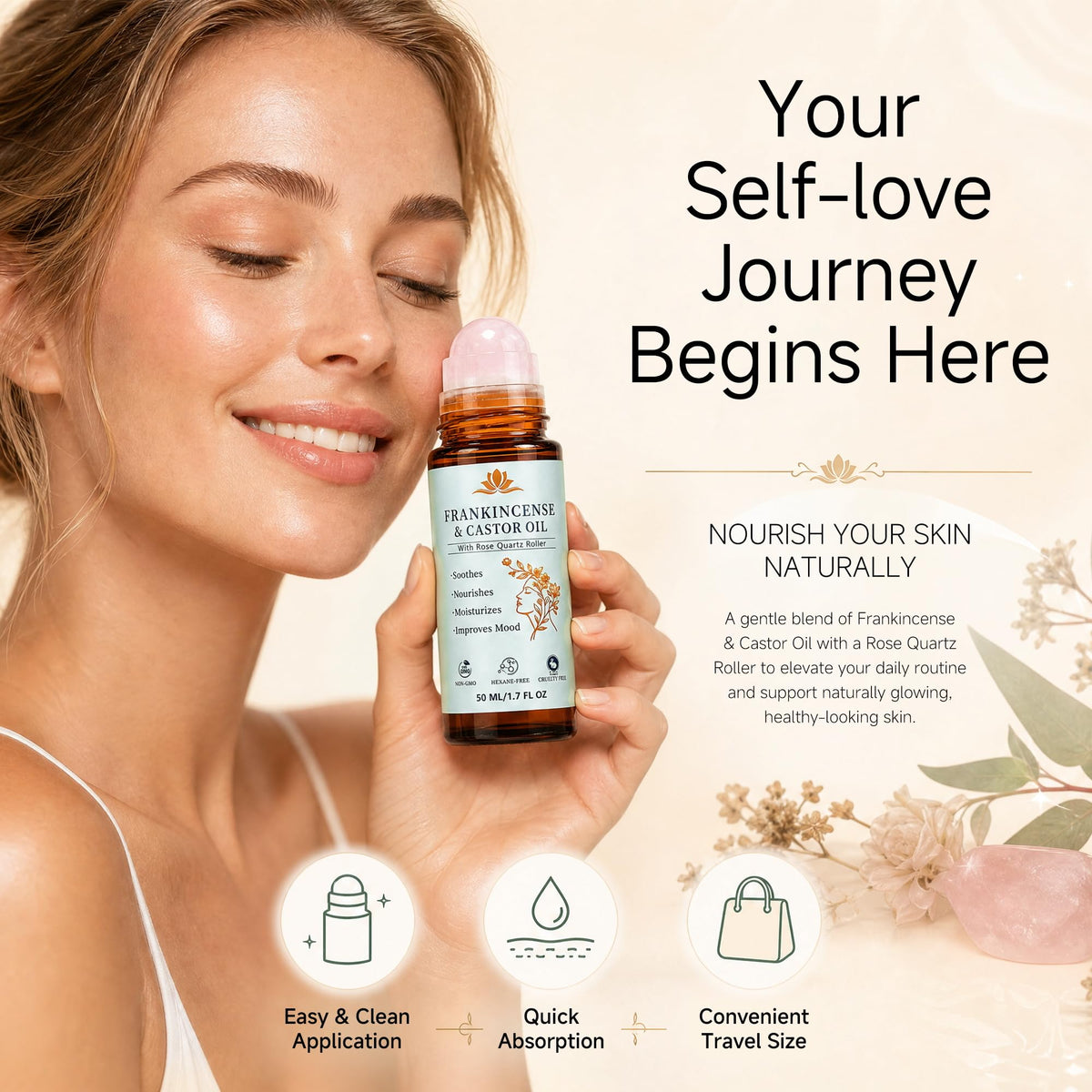 MGVAASURC bottle with castor seeds and frankincense resin highlighting natural ingredients
