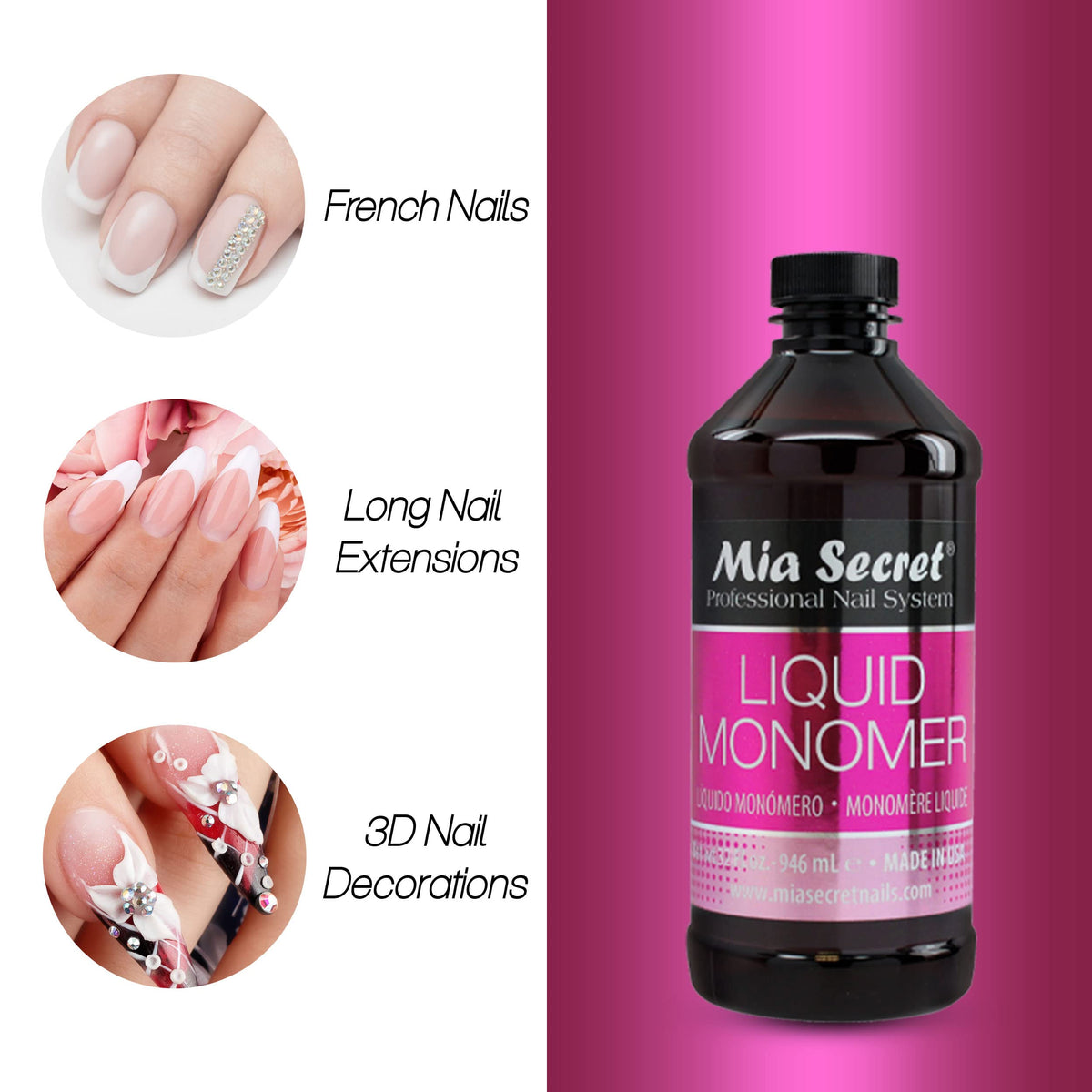 Mia Secret acrylic liquid texture close-up demonstrating smooth bead performance benefit