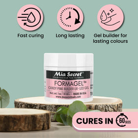 mia secret Candy Pink bottle beside UV LED lamp showing cure compatibility