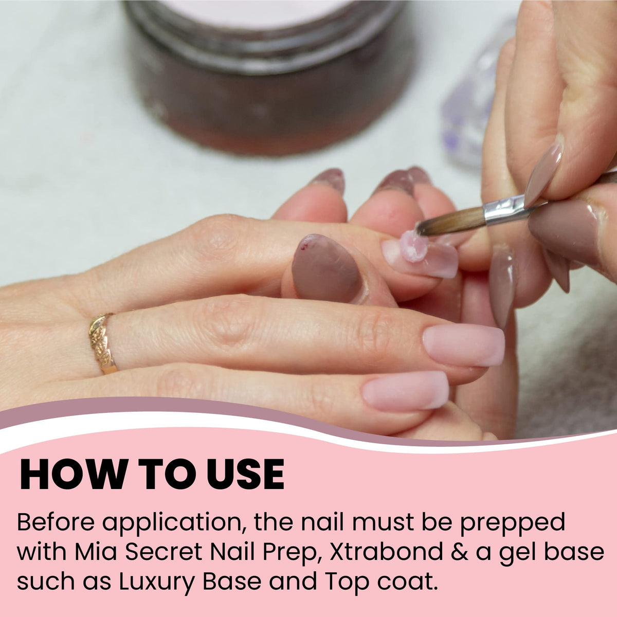 mia secret Candy Pink on manicured hand showing natural-looking finish