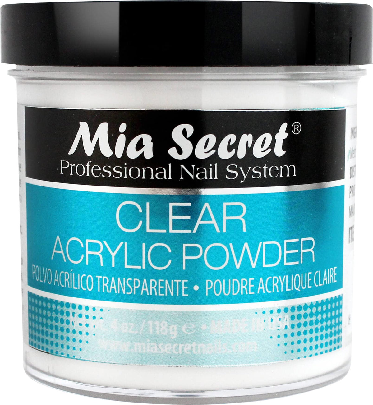 Mia Secret front packaging showing clear acrylic powder for salon use benefits