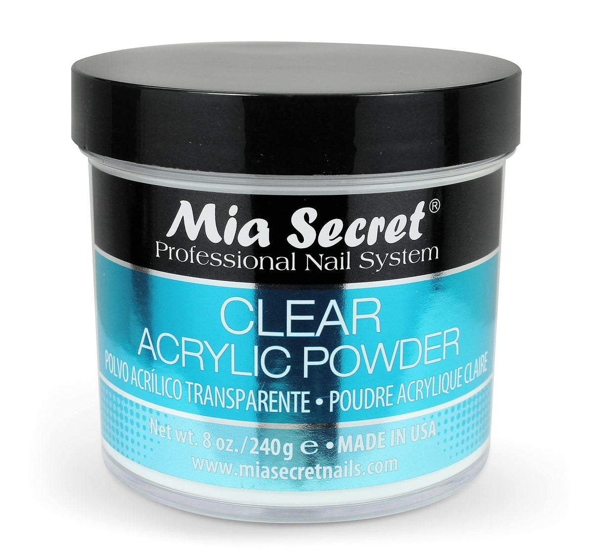 Mia Secret jar front showing clear acrylic powder and professional packaging benefit