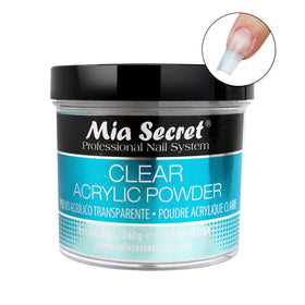 Mia Secret open jar close-up of fine clear acrylic powder for even mixing