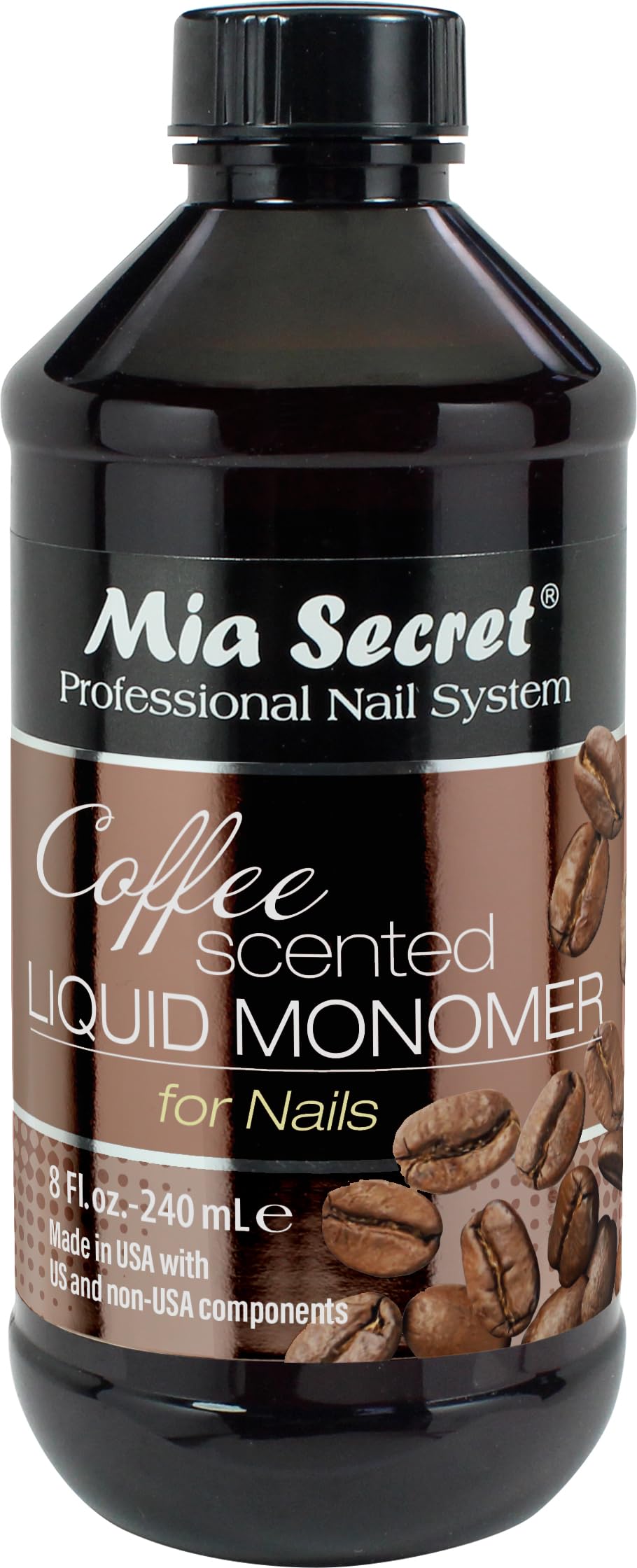 Mia Secret front bottle showing coffee-scented monomer branding and size