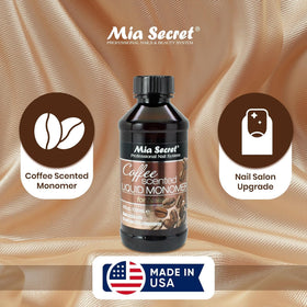 Mia Secret bottle on salon table creating inviting coffee-scented workspace