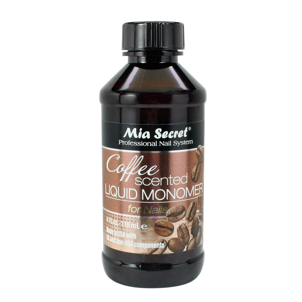 Mia Secret front packaging showing coffee-scented monomer and professional polish benefit