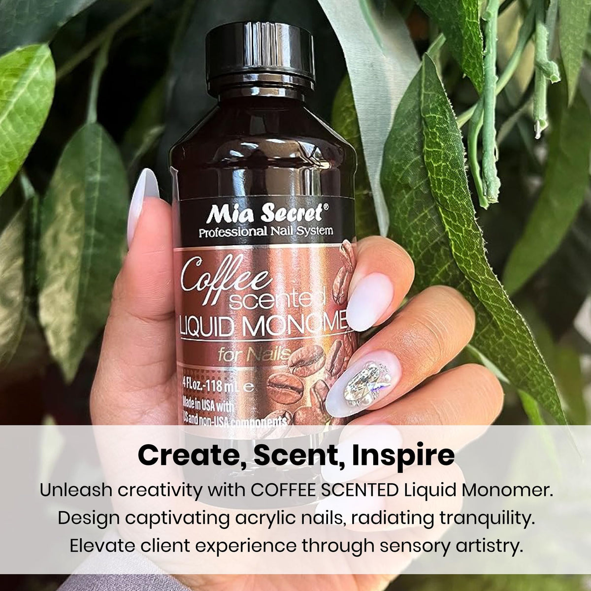 Mia Secret coffee-scented monomer in salon setting showing comfortable atmosphere benefit