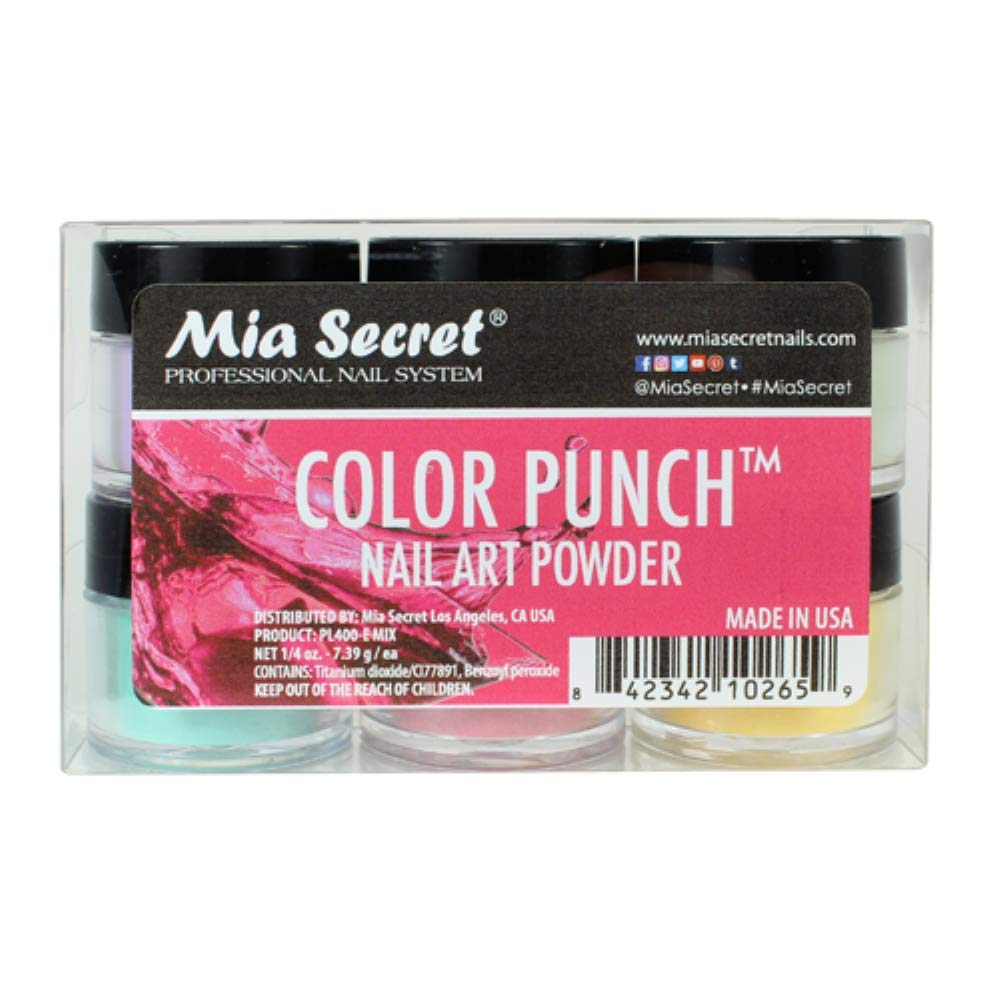 Mia Secret front packaging showing six acrylic powder jars and clear labels for easy selection