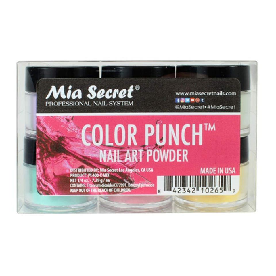 Mia Secret front packaging showing six acrylic powder jars and clear labels for easy selection