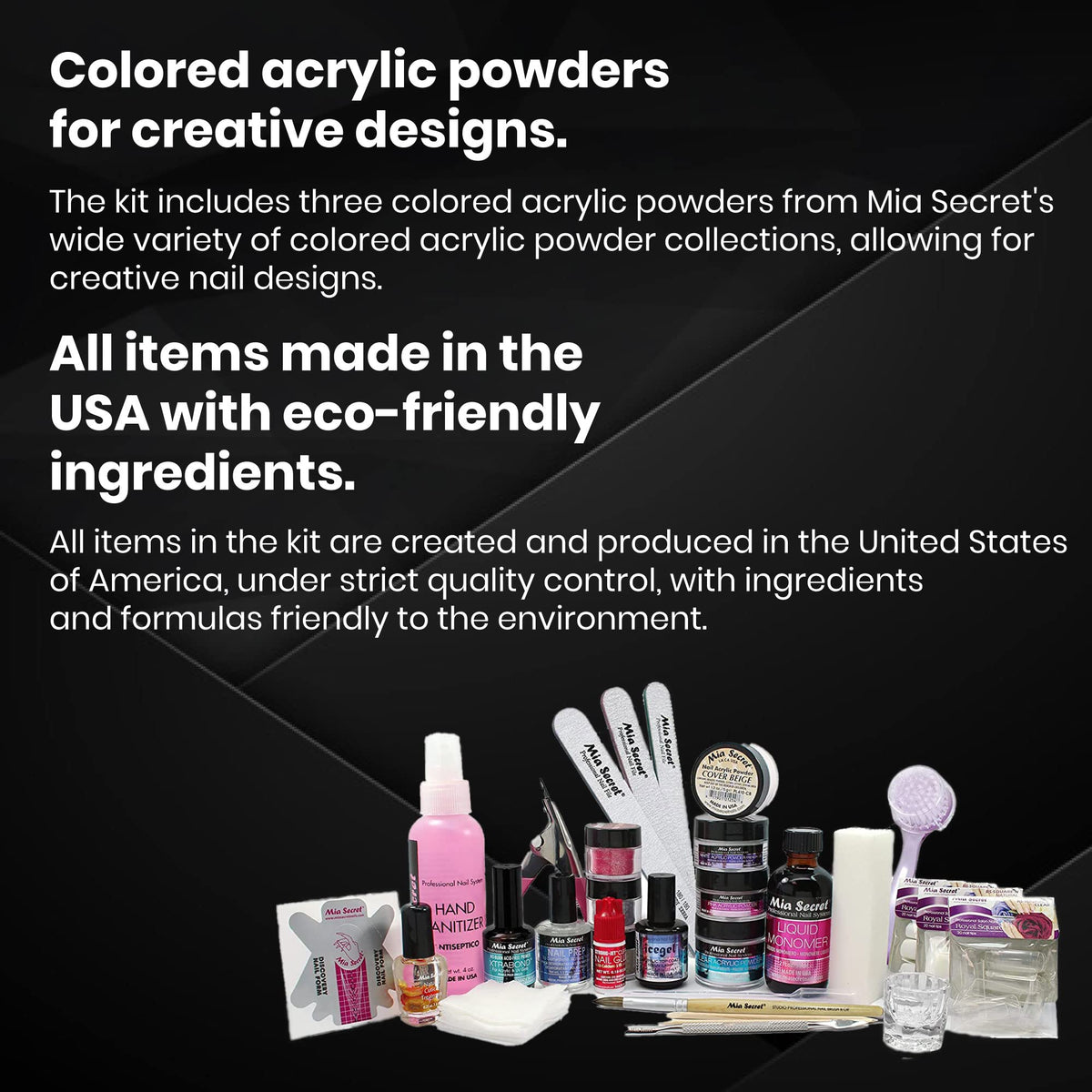 Mia Secret colored acrylic powders array for creative design options