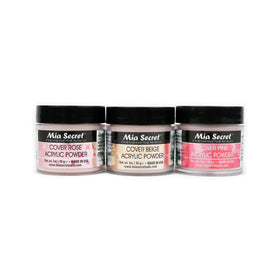 Mia Secret front packaging showing three 1 oz jars and clear labels for color selection