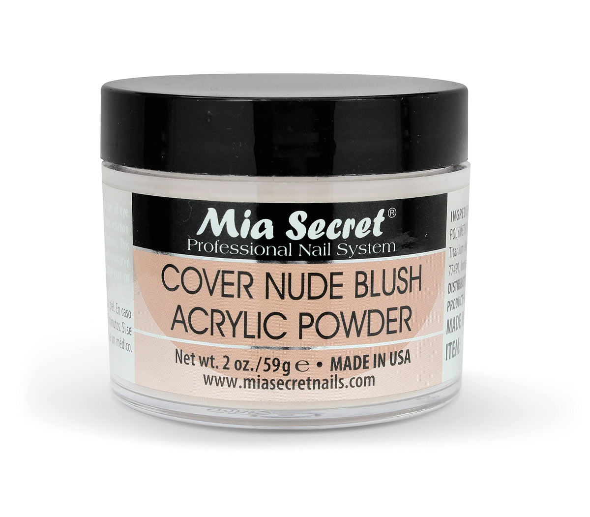 Mia Secret front jar showing powder color and clear label for natural look