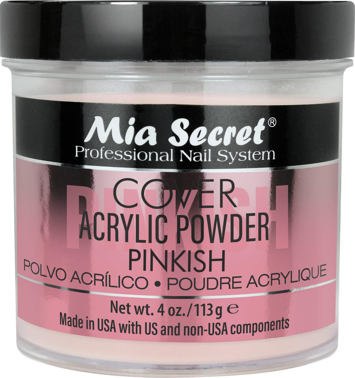Mia Secret front jar shot showing cover pinkish powder and clear labeling for professional use