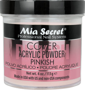 Mia Secret front jar shot showing cover pinkish powder and clear labeling for professional use
