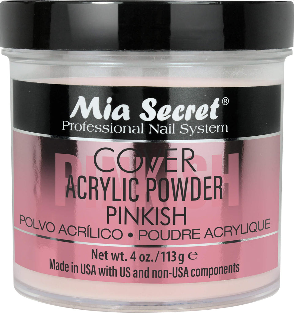 Mia Secret front jar shot showing cover pinkish powder and clear labeling for professional use