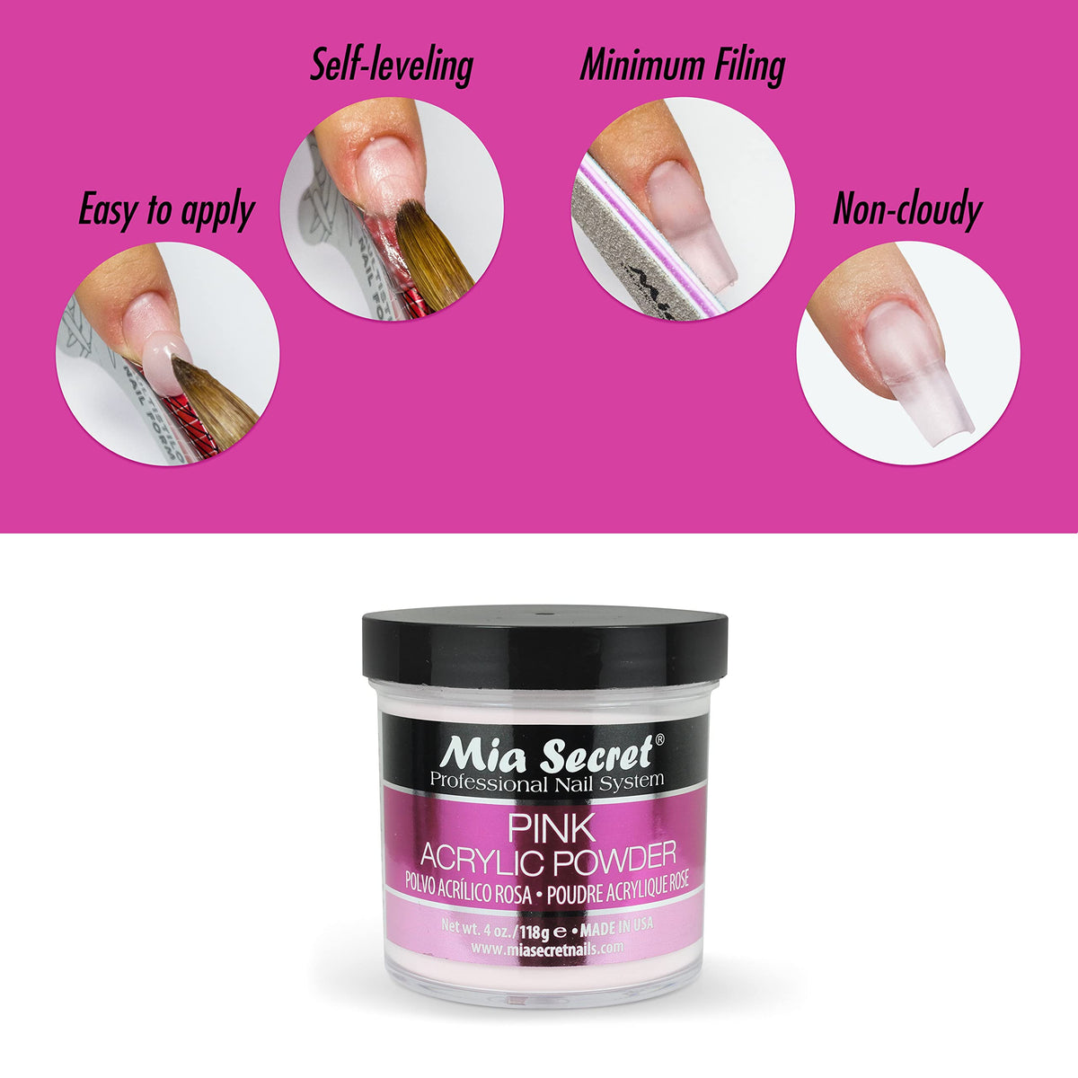 Completed manicure using Mia Secret pink acrylic showing durable salon-quality finish