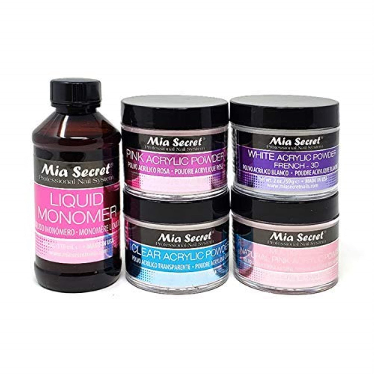 Mia Secret front packaging of powders and monomer showing full set benefit