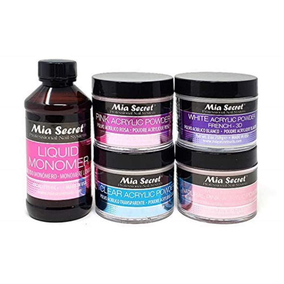 Mia Secret front packaging of powders and monomer showing full set benefit