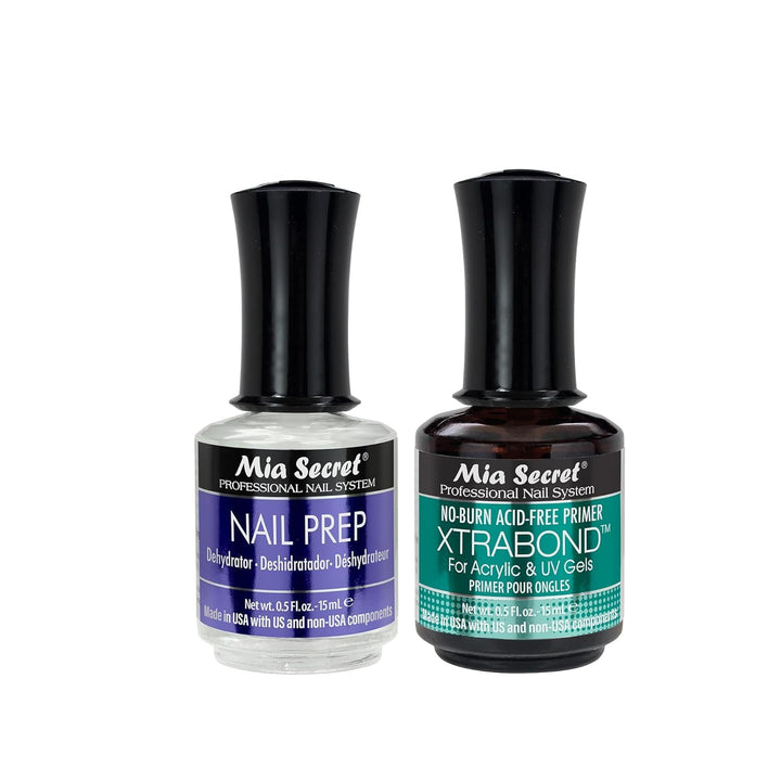 Mia Secret front packaging showing both 0.5 oz bottles and labels for easy identification and pro use