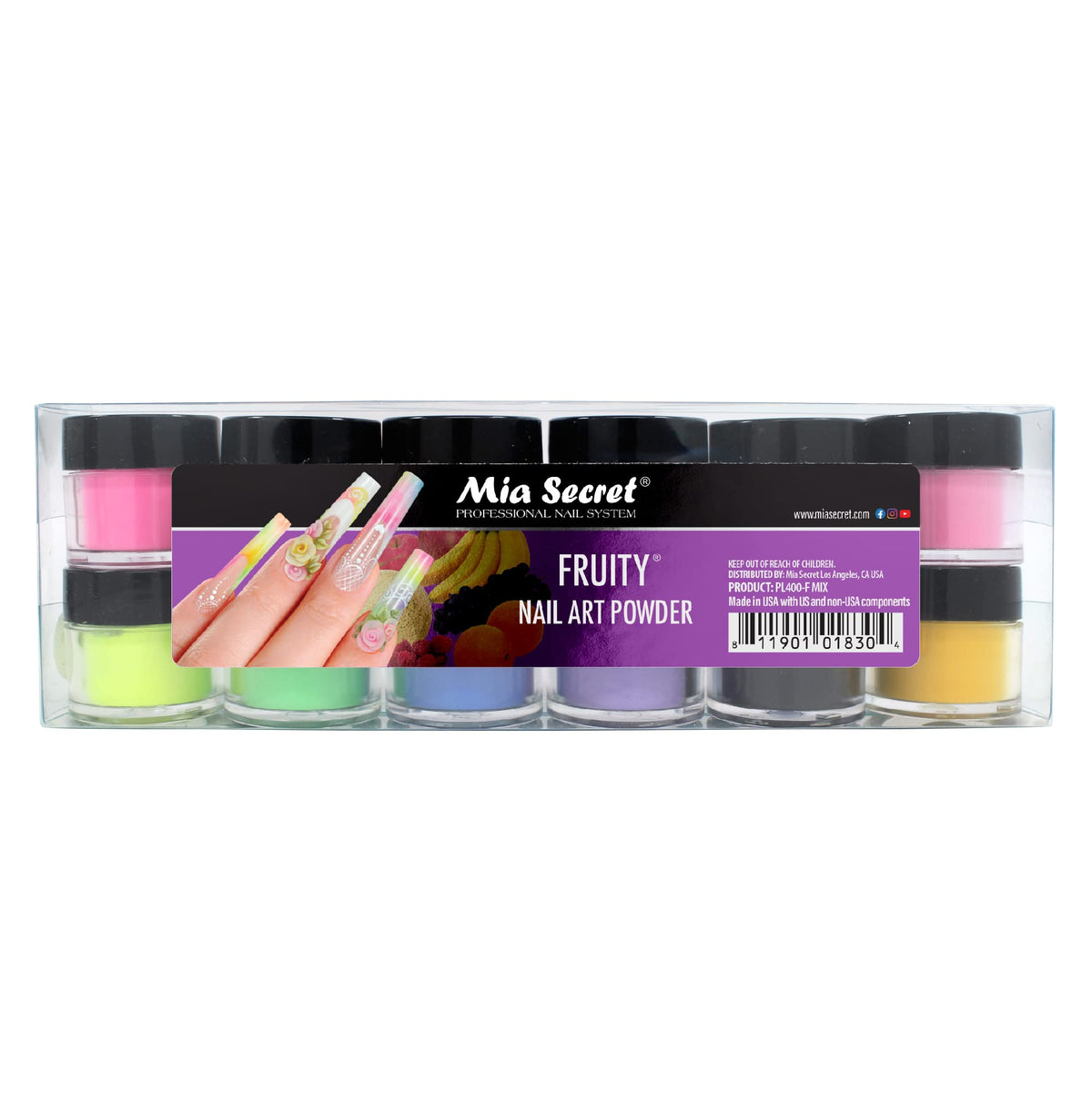 Mia Secret front packaging showing 12 colorful jars and clear labeling for salon use